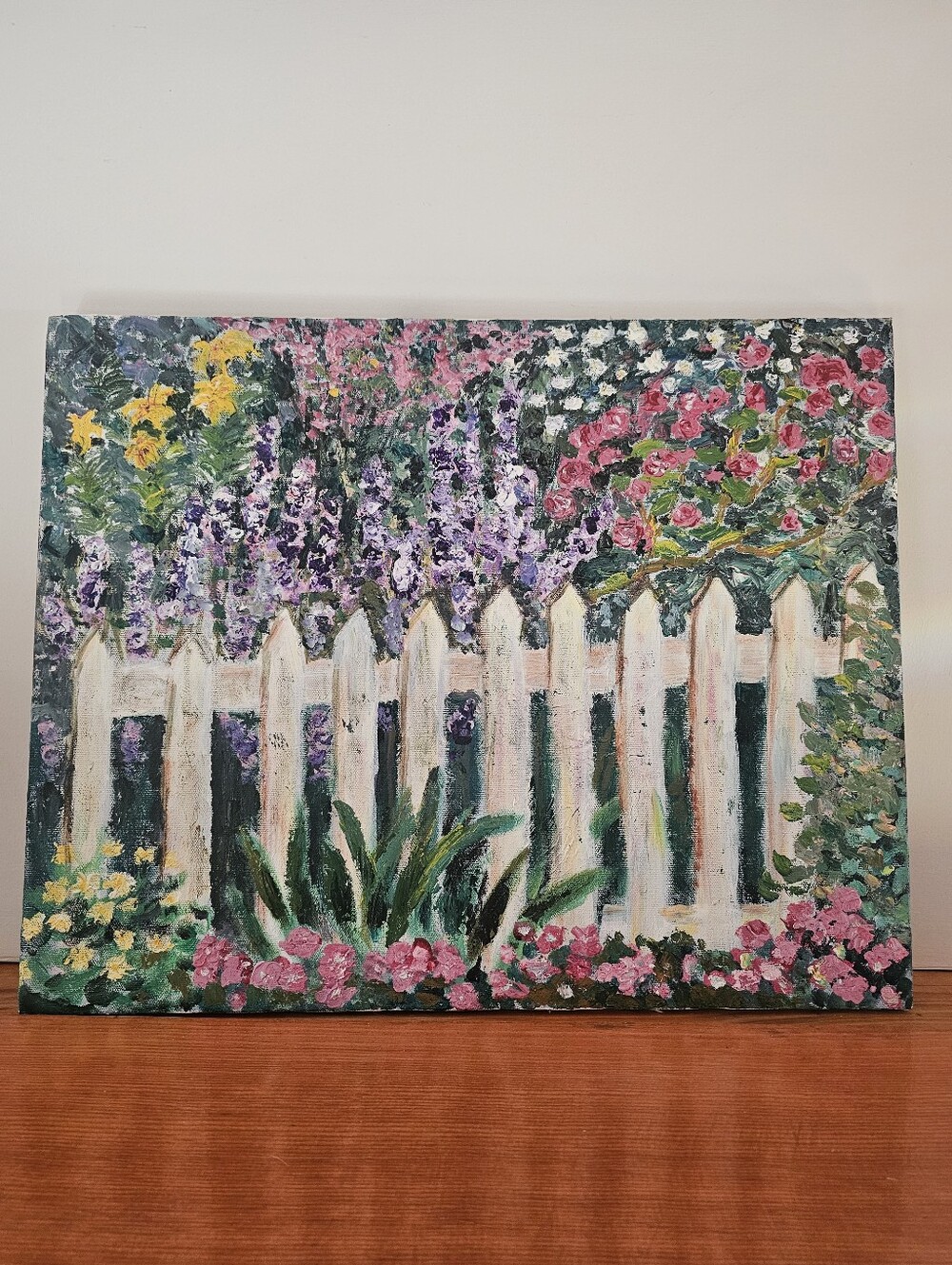 Garden Picket Fence Floral Canvas Painting - White, Green, Pink, Purple
